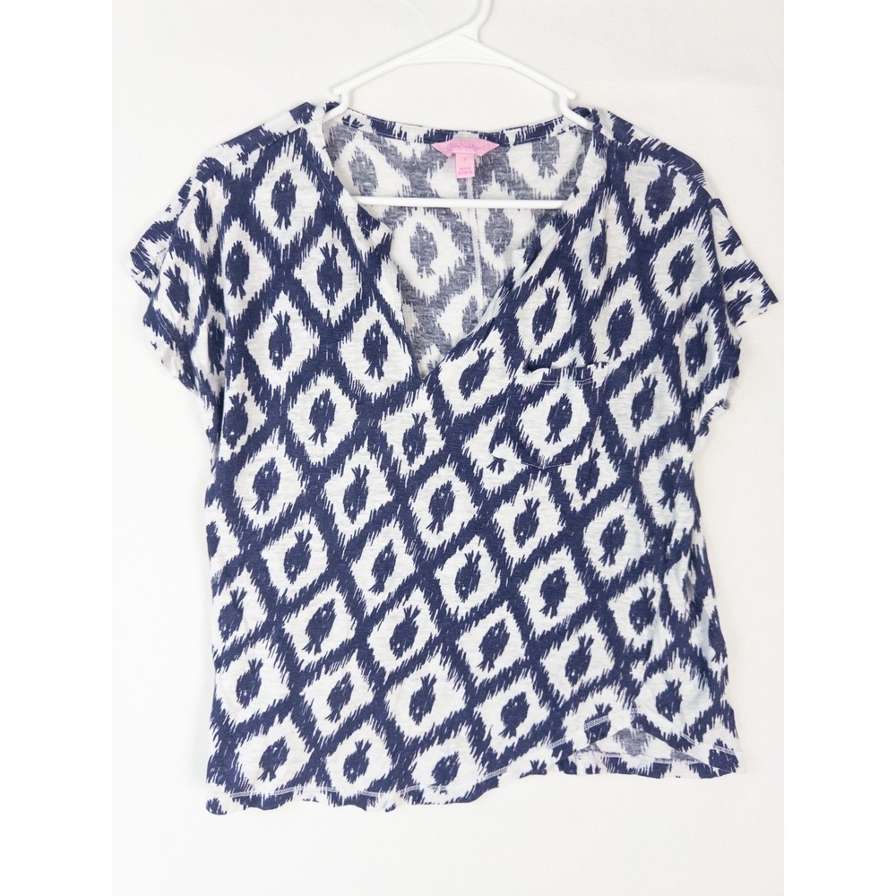 Lilly Pulitzer Top Womens S T Shirt Graphic V Neck 100% Linen‎ V Neck Coastal